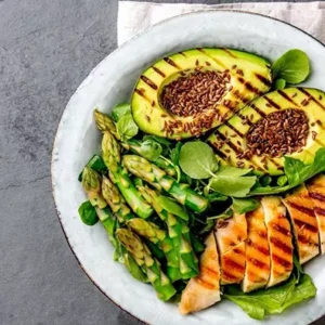 A plate of food with grilled chicken, avocado and asparagus.