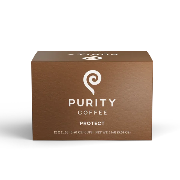 A box of coffee that is brown and has the word " purity " on it.